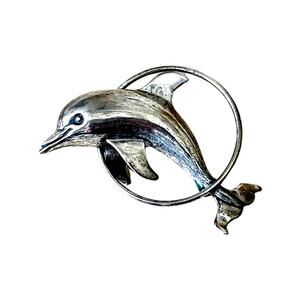 Beau Vintage Sterling Silver Dolphin Brooch, Retro Dolphin Pin